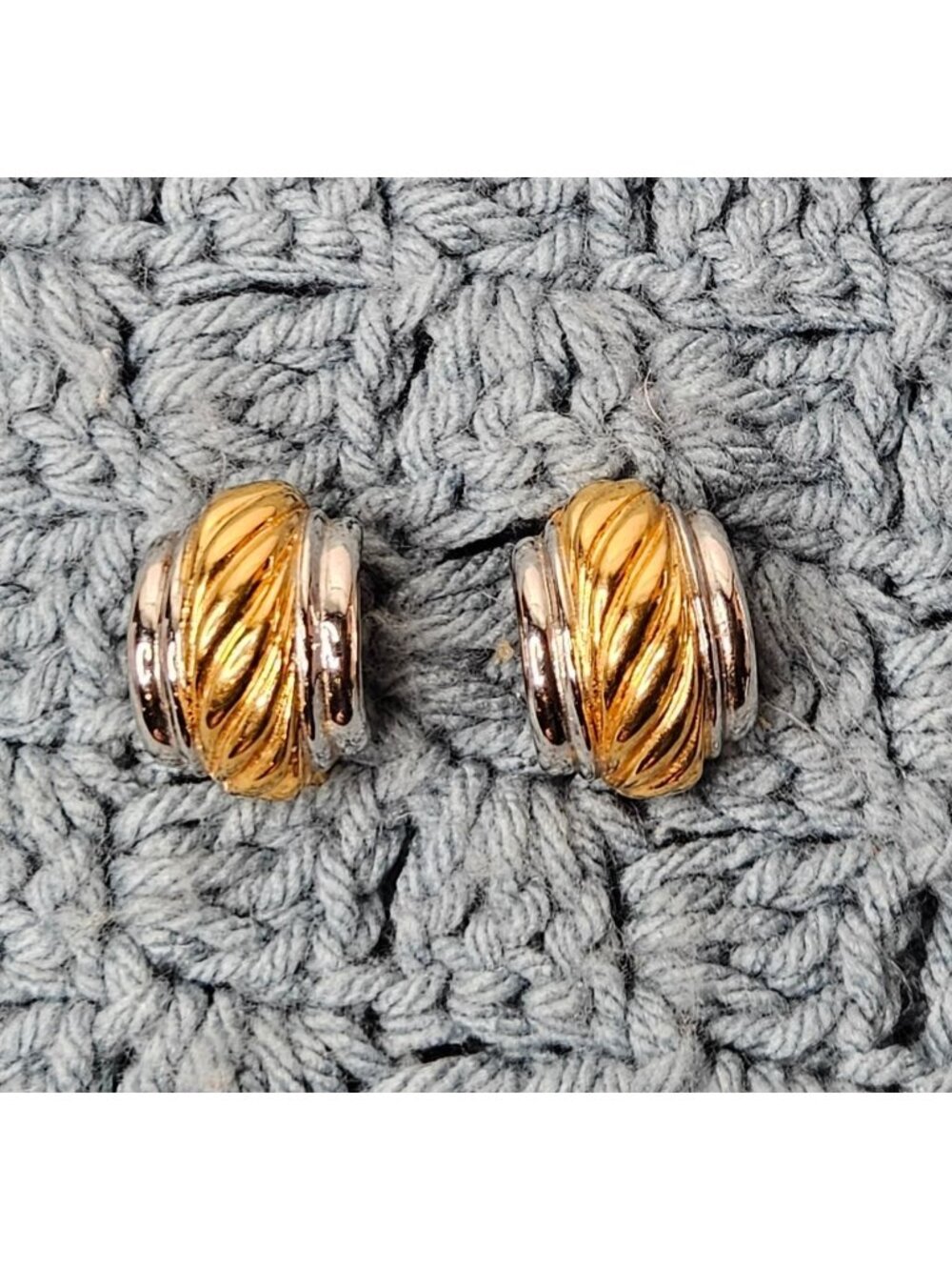 Vintage Goldtone Silvertone Twisted Textured Clip On Earrings 1 inch